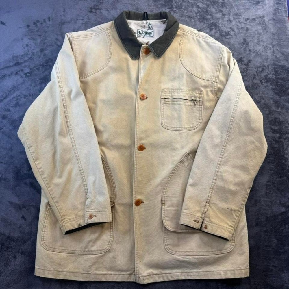 Vintage LL Bean Chore Coat Mens XXL Tan Canvas Corduroy Collar Wildlife Lining - Picture 3 of 8